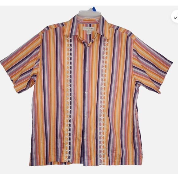 Banana Republic Men’s Striped Embroidered Cotton Shirt L Orange Purple Guayabera - Picture 1 of 8